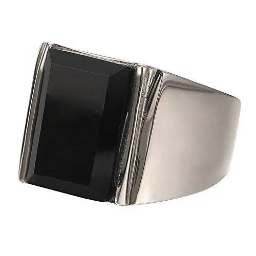 14MM Men 316L Stainless Steel Princess Cut Black Onyx Ring Band Highly Polishing Ring