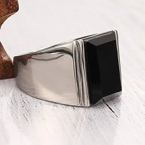 14MM Men 316L Stainless Steel Princess Cut Black Onyx Ring Band Highly Polishing Ring