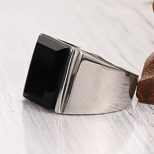 14MM Men 316L Stainless Steel Princess Cut Black Onyx Ring Band Highly Polishing Ring