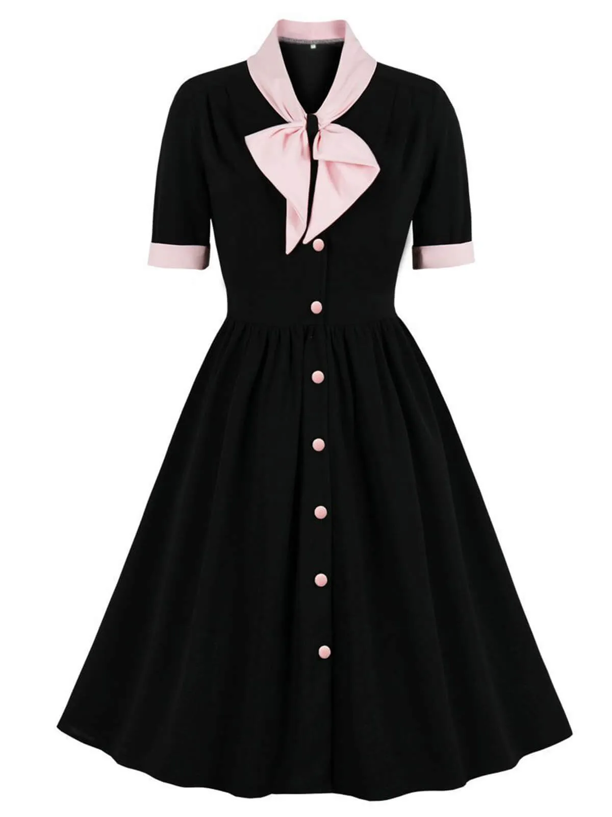 1940s Color Contrast Button Lapel Bow Dress