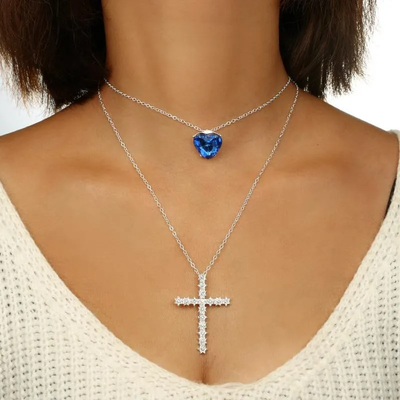 2-Layer Silver Chain Necklace with Sapphire Gem and Cubic Zirconia Cross