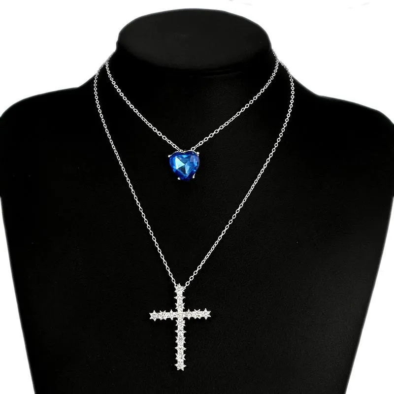 2-Layer Silver Chain Necklace with Sapphire Gem and Cubic Zirconia Cross