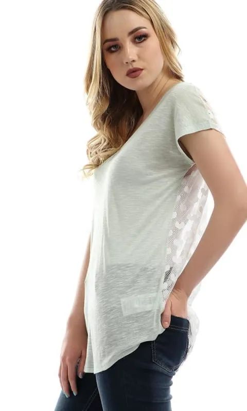 47308 Back Heart Mesh V Neck Collar Shirt - Light Pastel Green