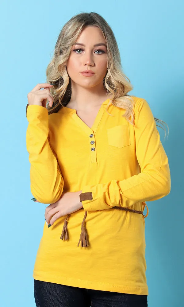 47447 Solid Basic Buttoned Women Basic Top - Mustard