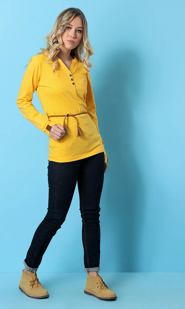 47447 Solid Basic Buttoned Women Basic Top - Mustard