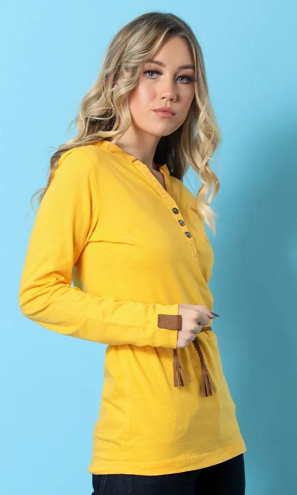 47447 Solid Basic Buttoned Women Basic Top - Mustard