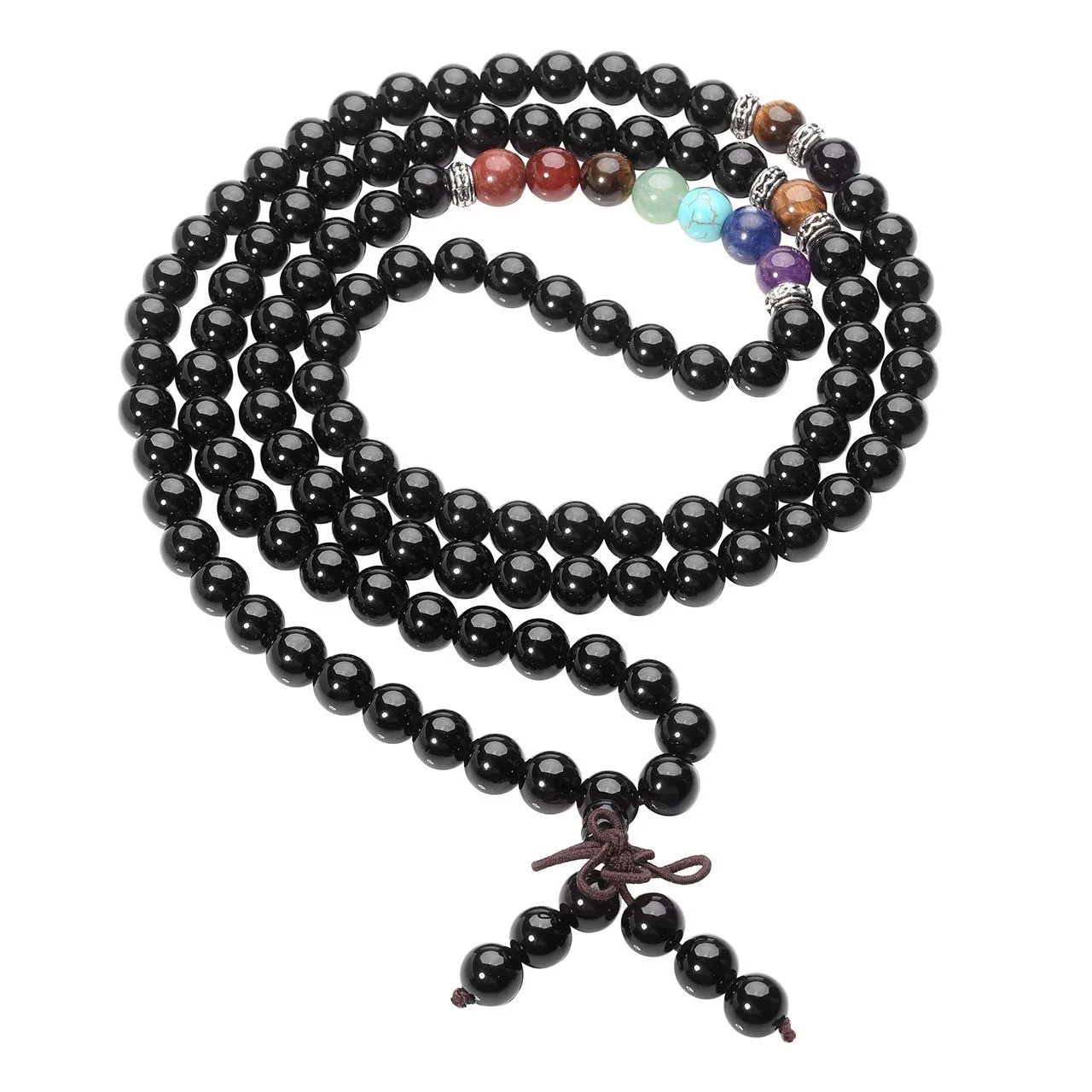 7 Chakra Real Stone Black Obsidian Buddhist Mala Prayer Beads 108 Meditation Healing Multilayer Bracelet/Necklace