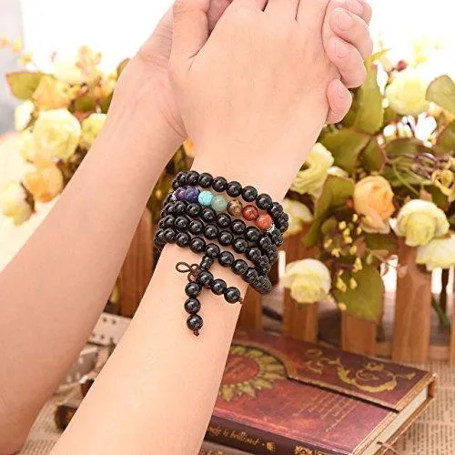 7 Chakra Real Stone Black Obsidian Buddhist Mala Prayer Beads 108 Meditation Healing Multilayer Bracelet/Necklace