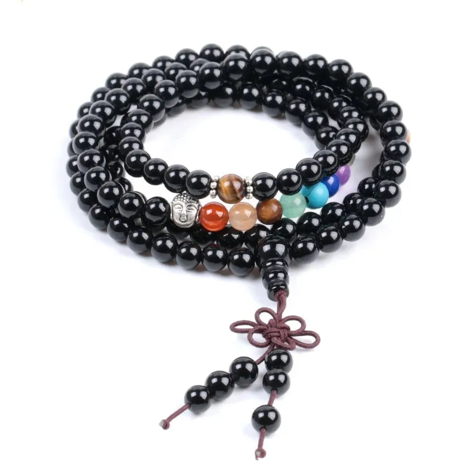 7 Chakra Real Stone Black Obsidian Buddhist Mala Prayer Beads 108 Meditation Healing Multilayer Bracelet/Necklace