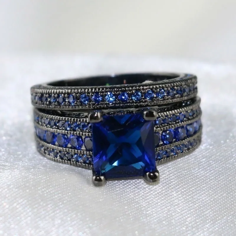 8mm Black Brushed Matte Blue Tungsten Carbide and Blue Cubic Zirconia Wedding Ring Set