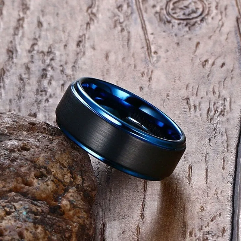 8mm Black Brushed Matte Blue Tungsten Carbide and Blue Cubic Zirconia Wedding Ring Set