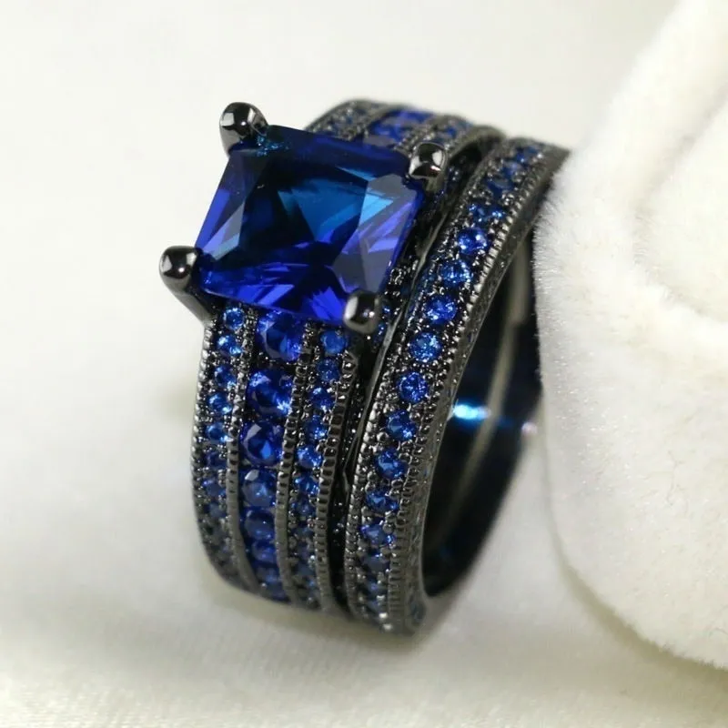 8mm Black Brushed Matte Blue Tungsten Carbide and Blue Cubic Zirconia Wedding Ring Set