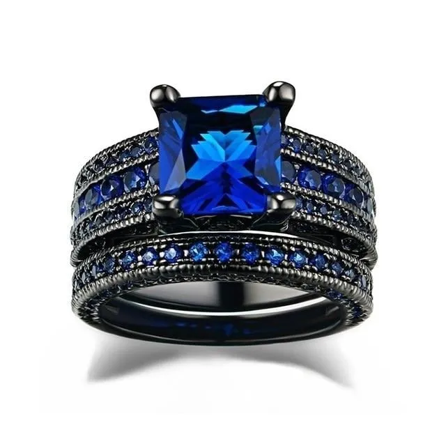 8mm Black Brushed Matte Blue Tungsten Carbide and Blue Cubic Zirconia Wedding Ring Set