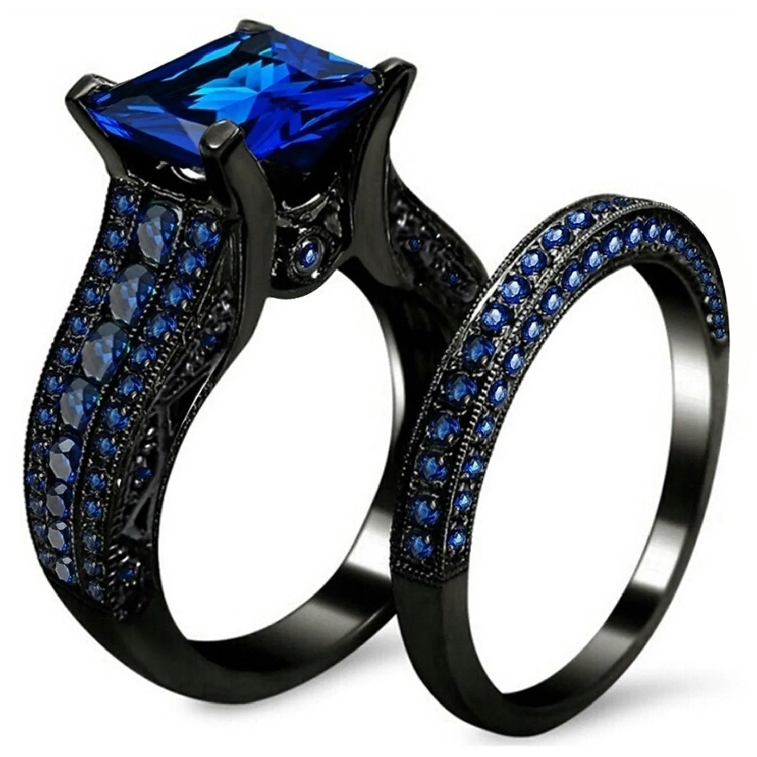 8mm Black Brushed Matte Blue Tungsten Carbide and Blue Cubic Zirconia Wedding Ring Set