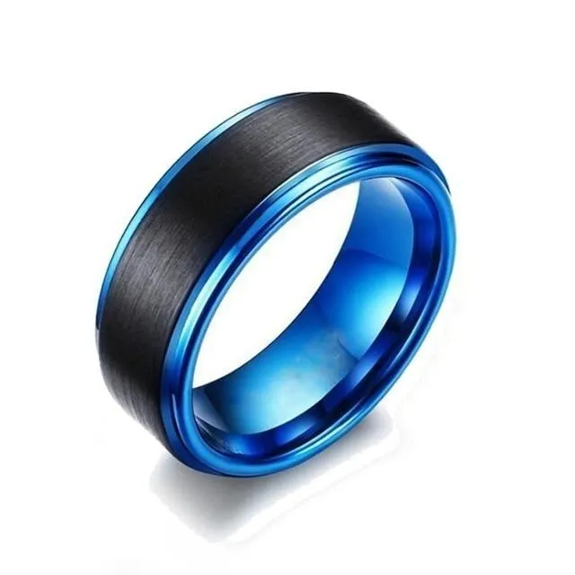 8mm Black Brushed Matte Blue Tungsten Carbide and Blue Cubic Zirconia Wedding Ring Set