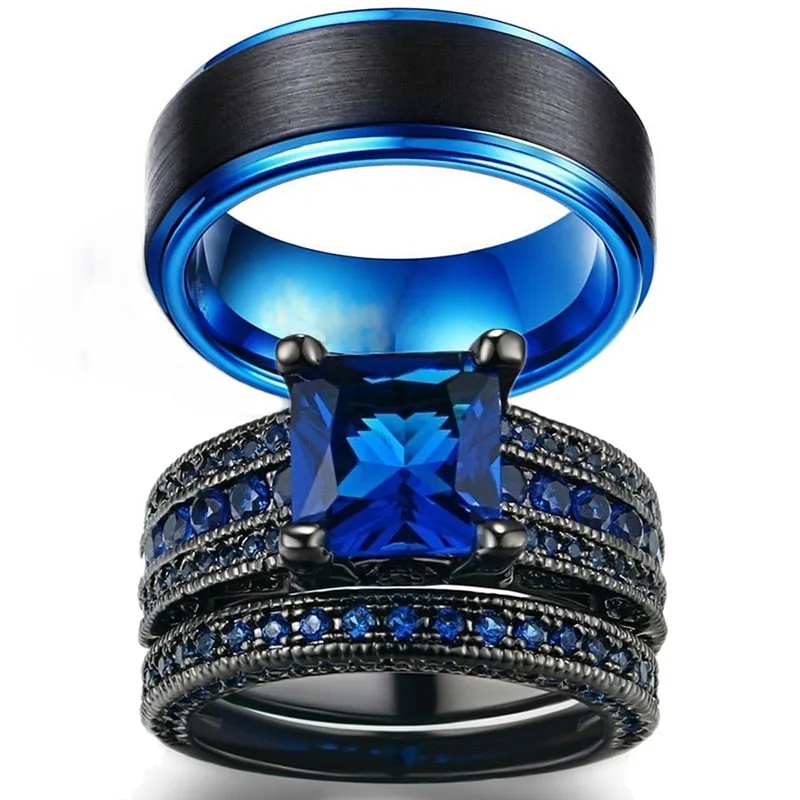 8mm Black Brushed Matte Blue Tungsten Carbide and Blue Cubic Zirconia Wedding Ring Set