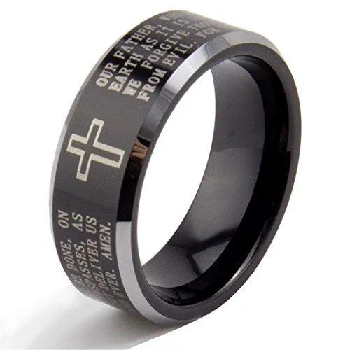 8mm Black Tungsten Carbide The Lord's Prayer Polished Finish Wedding Band Ring