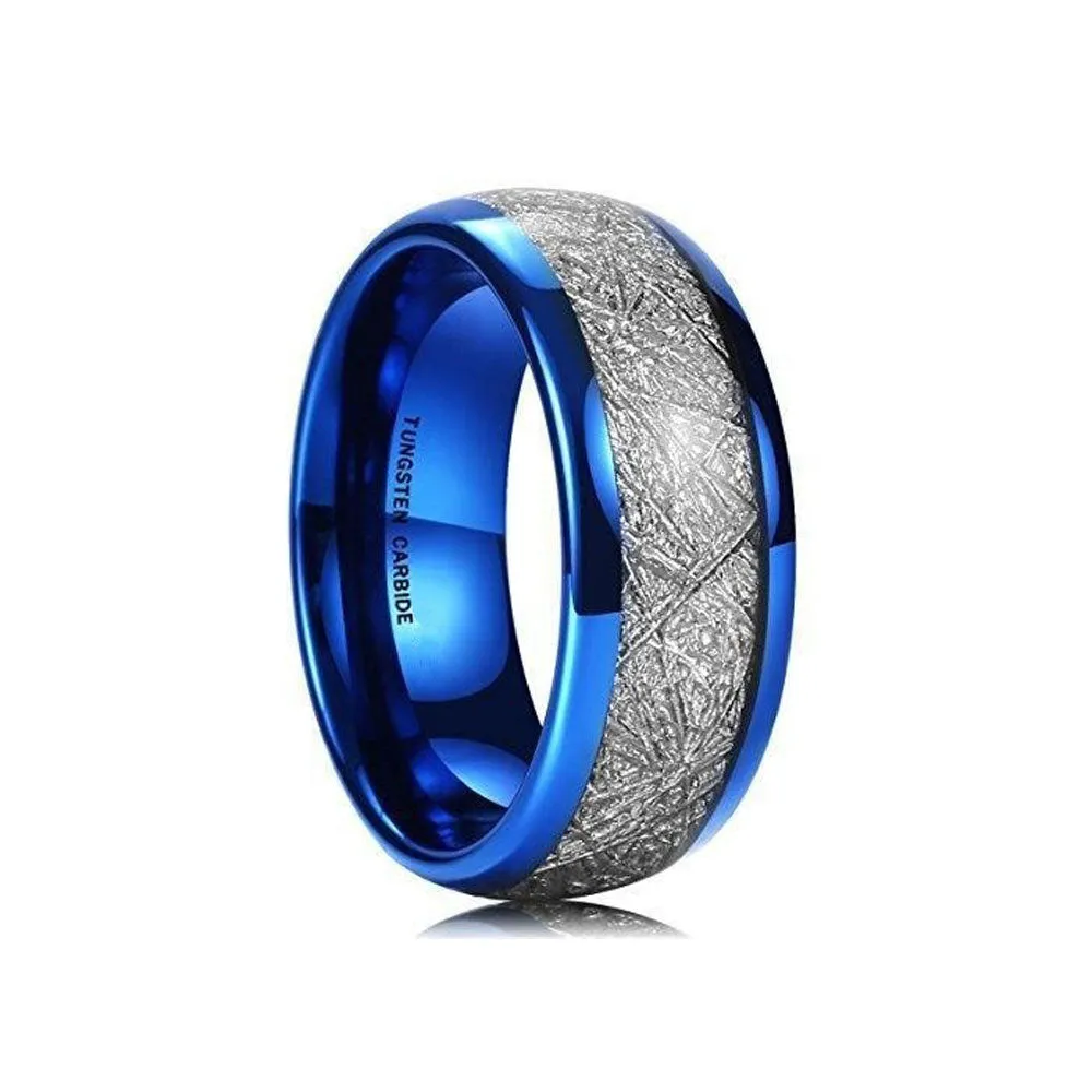 8mm Blue Tungsten Carbide Ring Meteorite Inlay Domed High Polished Wedding Band Comfort Fit