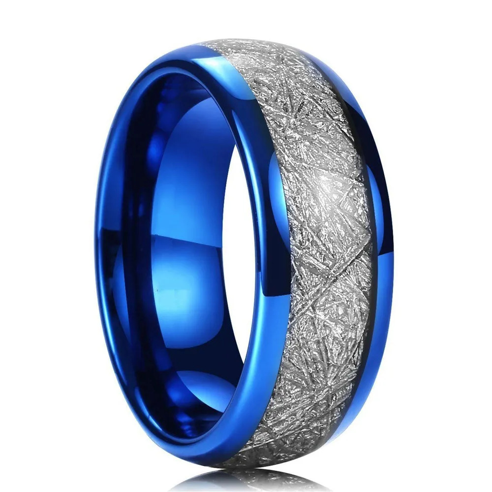 8mm Blue Tungsten Carbide Ring Meteorite Inlay Domed High Polished Wedding Band Comfort Fit