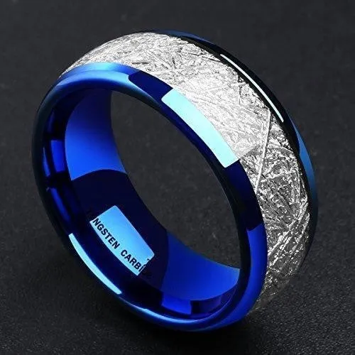 8mm Blue Tungsten Carbide Ring Meteorite Inlay Domed High Polished Wedding Band Comfort Fit