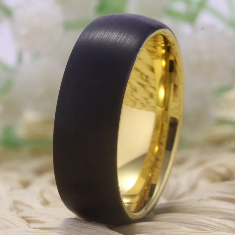 8mm Brushed Matte Black and Gold-Plated Tungsten Wedding Ring