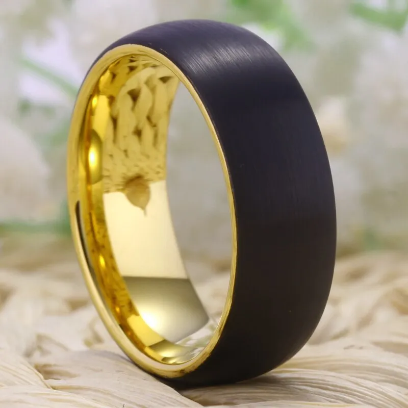 8mm Brushed Matte Black and Gold-Plated Tungsten Wedding Ring