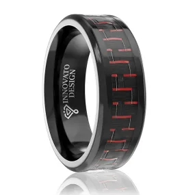 8MM Men Titanium Ring Wedding Band Black Plated with Black and Red Carbon Fiber Inlay