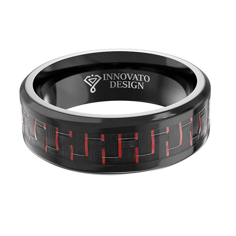 8MM Men Titanium Ring Wedding Band Black Plated with Black and Red Carbon Fiber Inlay