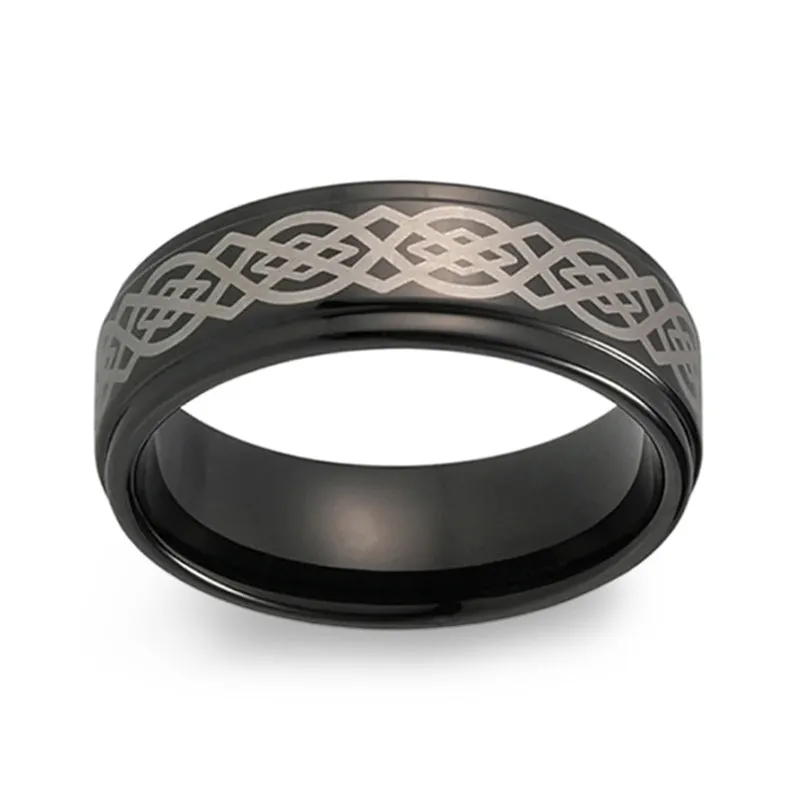 8MM Men Tungsten Ring Wedding Band Black with Celtic Design