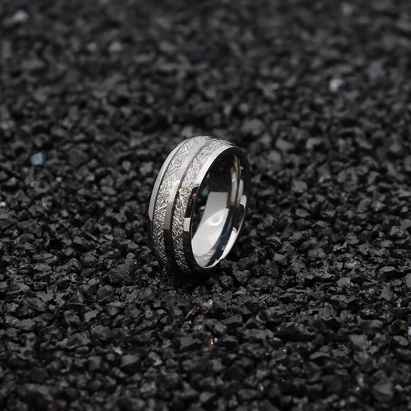 8mm Silver Tungsten with Silver Meteorite Inlay Wedding Band