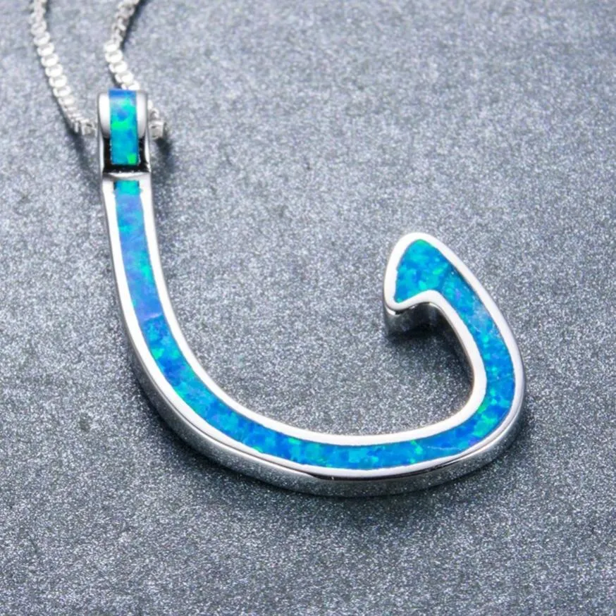 925 Sterling Silver Blue Opal Fish Hook Pendant Necklace