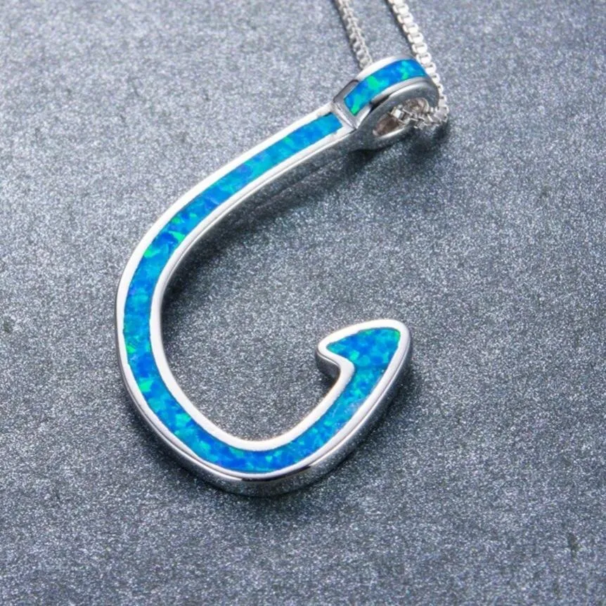 925 Sterling Silver Blue Opal Fish Hook Pendant Necklace