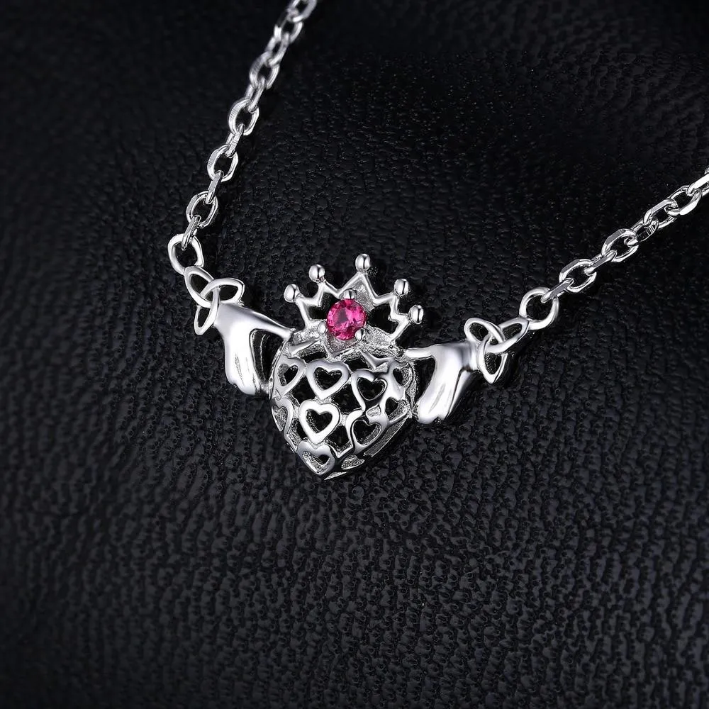 925 Sterling Silver Claddagh Pendant Necklace with Triquetra Chain Pattern & Gemstone