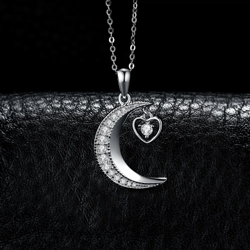 925 Sterling Silver Crescent Moon and Heart Crystal Pendant Necklace