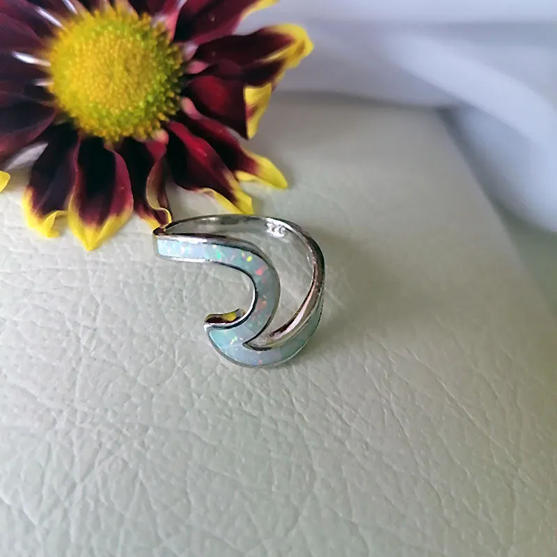 925 Sterling Silver Ring Wave Ocean Beach Lab Created white Opal. Silver Ring sizes 5-10