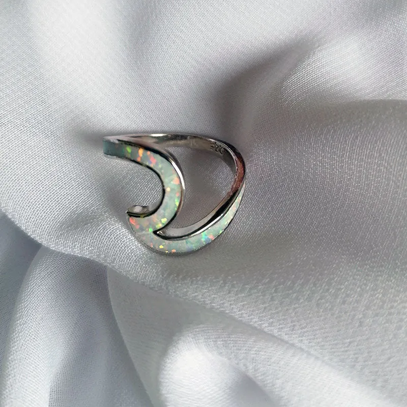 925 Sterling Silver Ring Wave Ocean Beach Lab Created white Opal. Silver Ring sizes 5-10