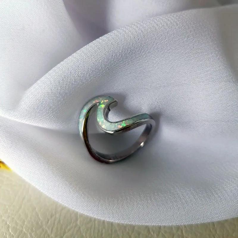 925 Sterling Silver Ring Wave Ocean Beach Lab Created white Opal. Silver Ring sizes 5-10