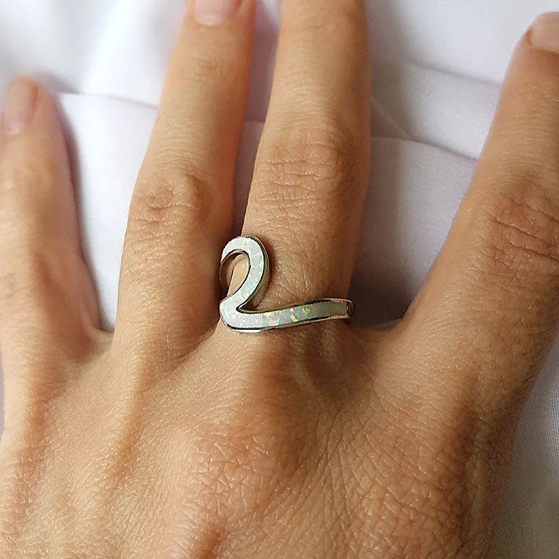 925 Sterling Silver Ring Wave Ocean Beach Lab Created white Opal. Silver Ring sizes 5-10