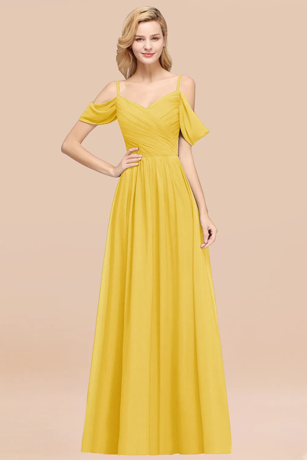 A-Line Chiffon V-Neck Spaghetti Straps Ruffles Long Bridesmaid Dresses with Sleeves