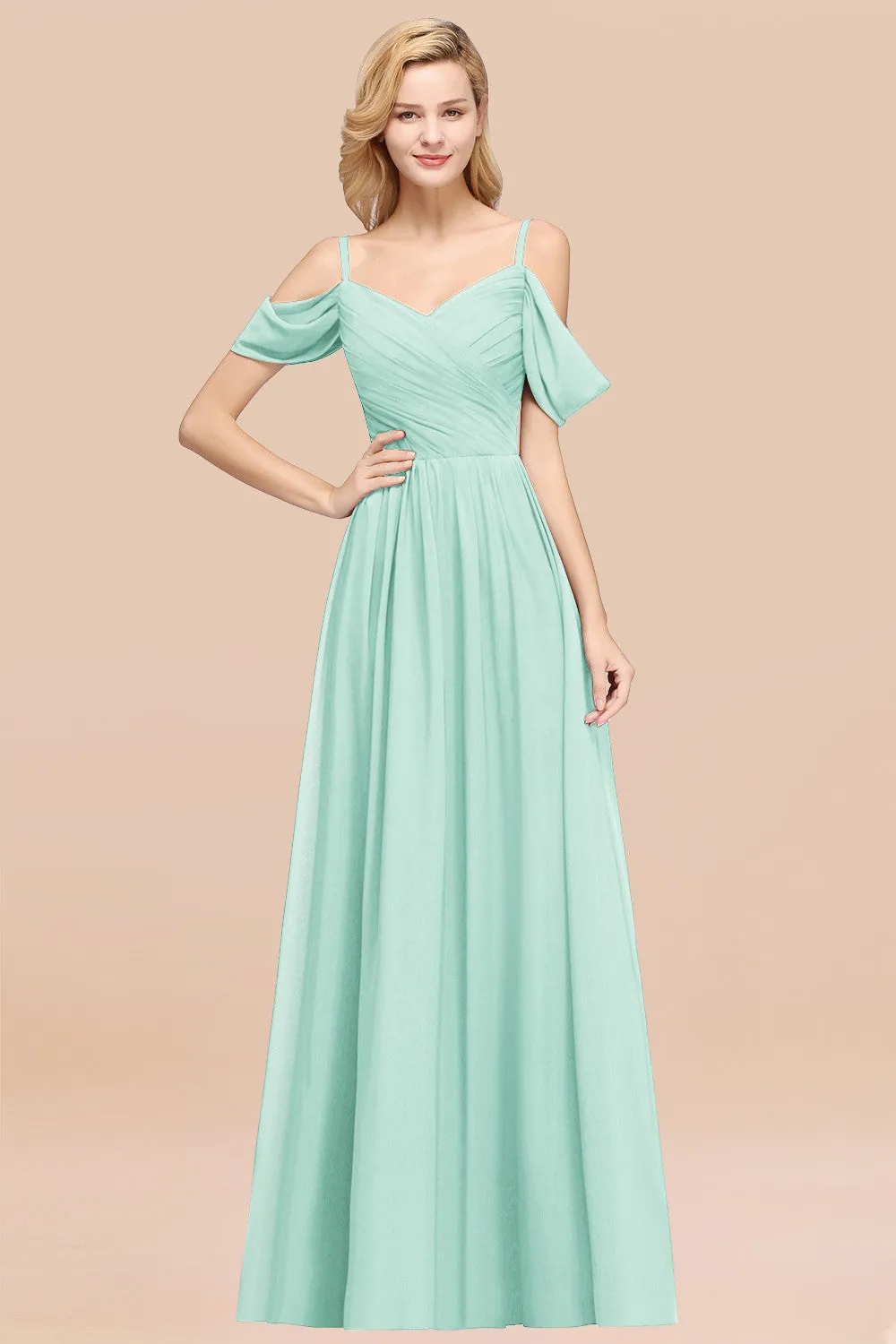 A-Line Chiffon V-Neck Spaghetti Straps Ruffles Long Bridesmaid Dresses with Sleeves