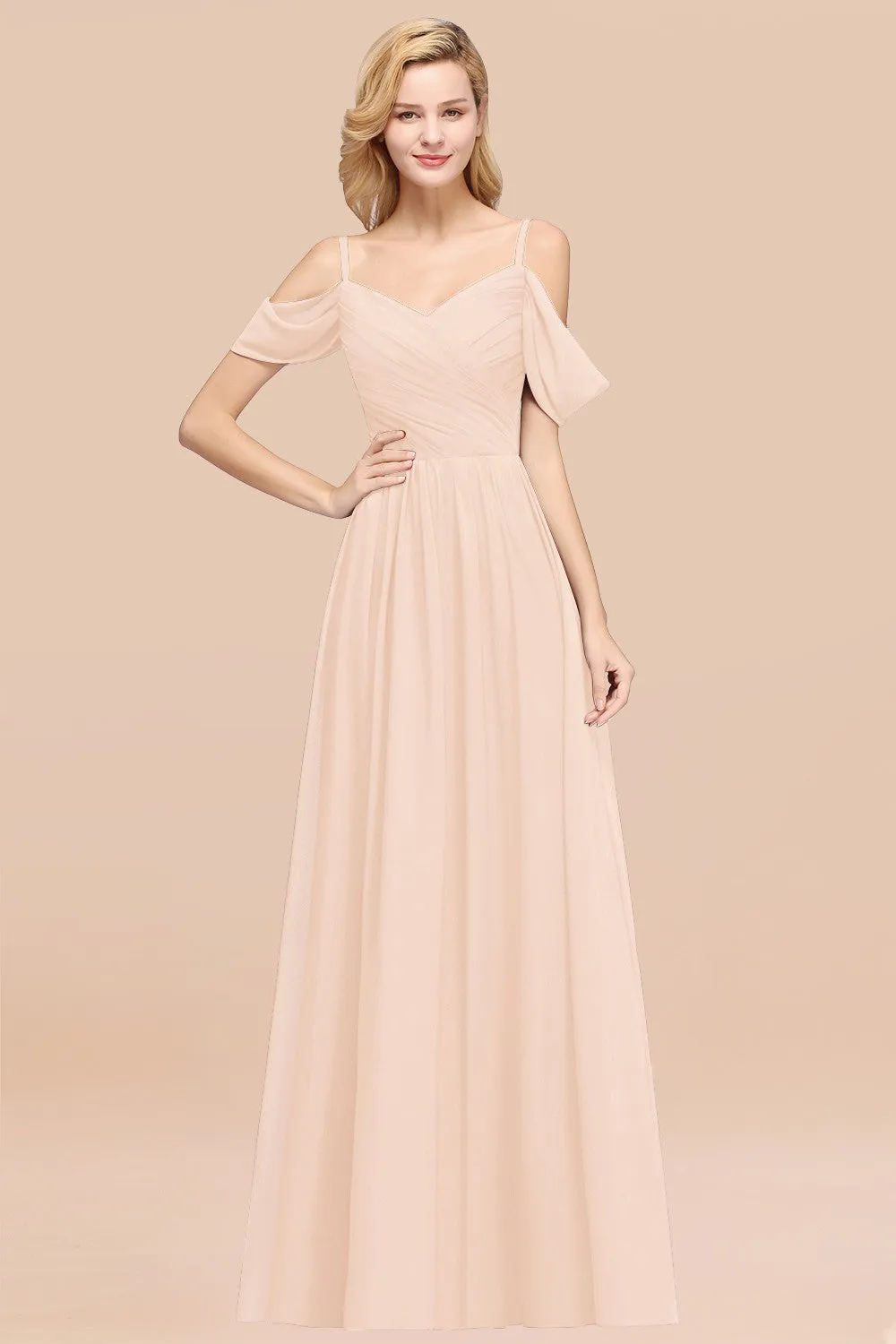 A-Line Chiffon V-Neck Spaghetti Straps Ruffles Long Bridesmaid Dresses with Sleeves