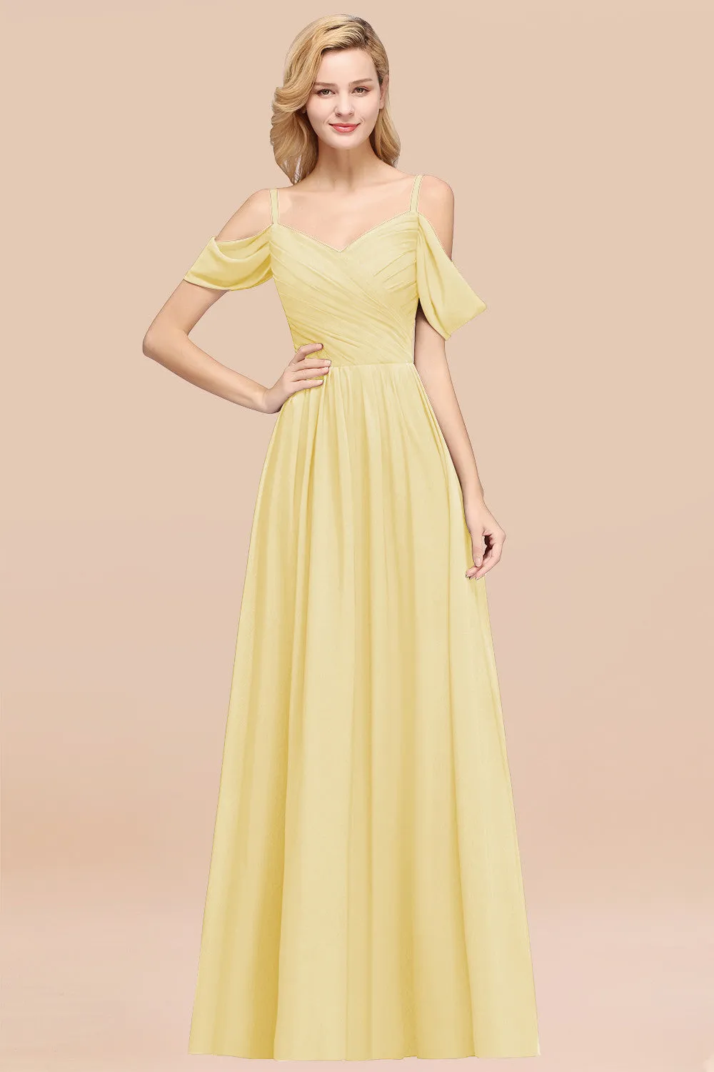 A-Line Chiffon V-Neck Spaghetti Straps Ruffles Long Bridesmaid Dresses with Sleeves