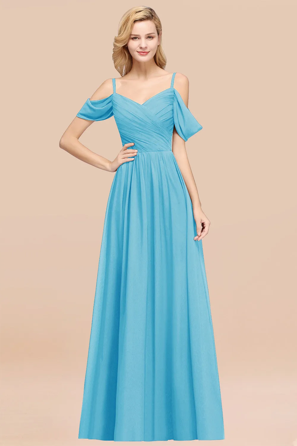 A-Line Chiffon V-Neck Spaghetti Straps Ruffles Long Bridesmaid Dresses with Sleeves