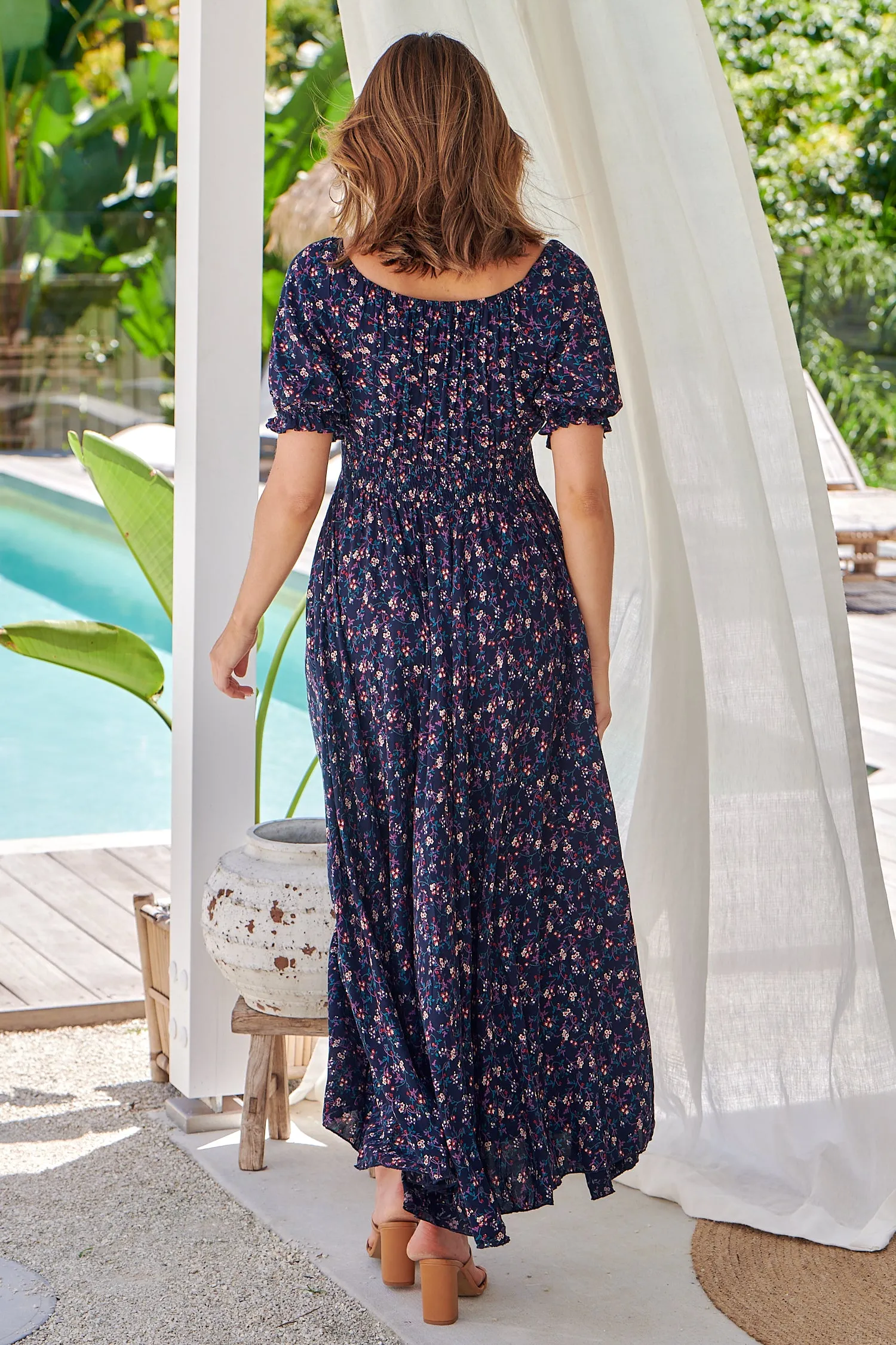 Aaliyah Navy Floral Puff Sleeve Maxi Dress