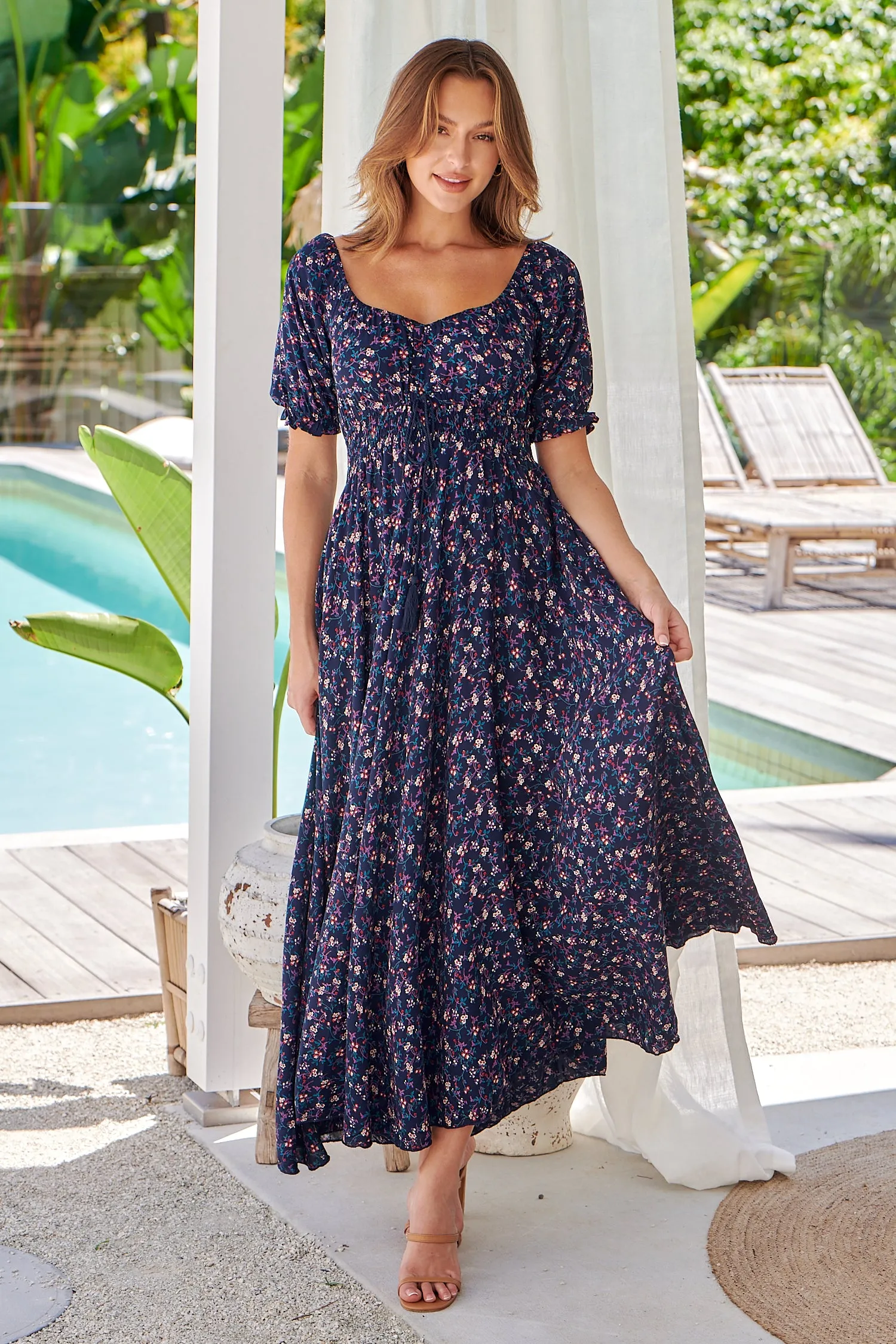 Aaliyah Navy Floral Puff Sleeve Maxi Dress