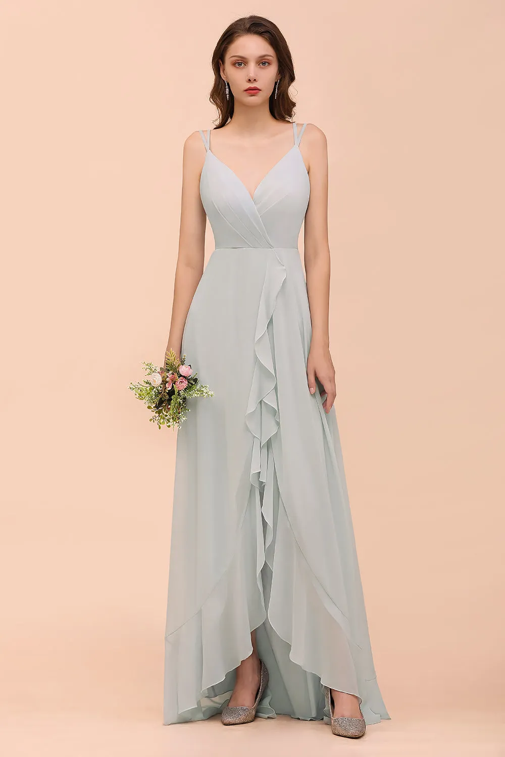 Affordable High Low A-line V-neck Chiffon Bridesmaid Dress