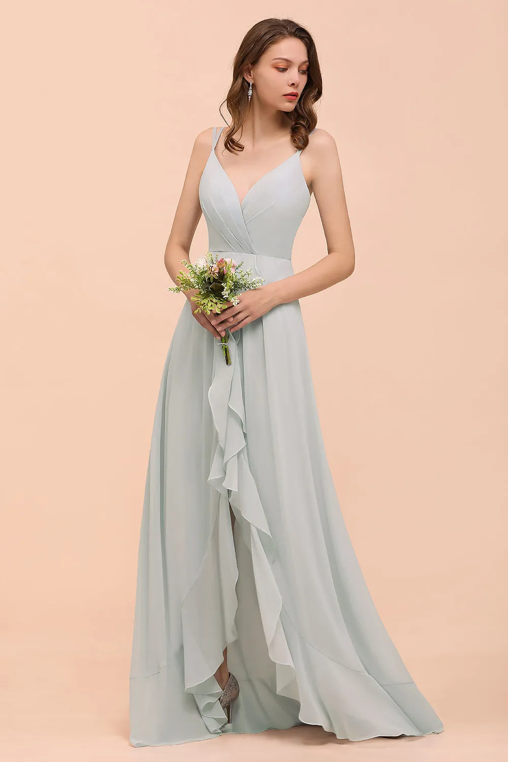 Affordable High Low A-line V-neck Chiffon Bridesmaid Dress