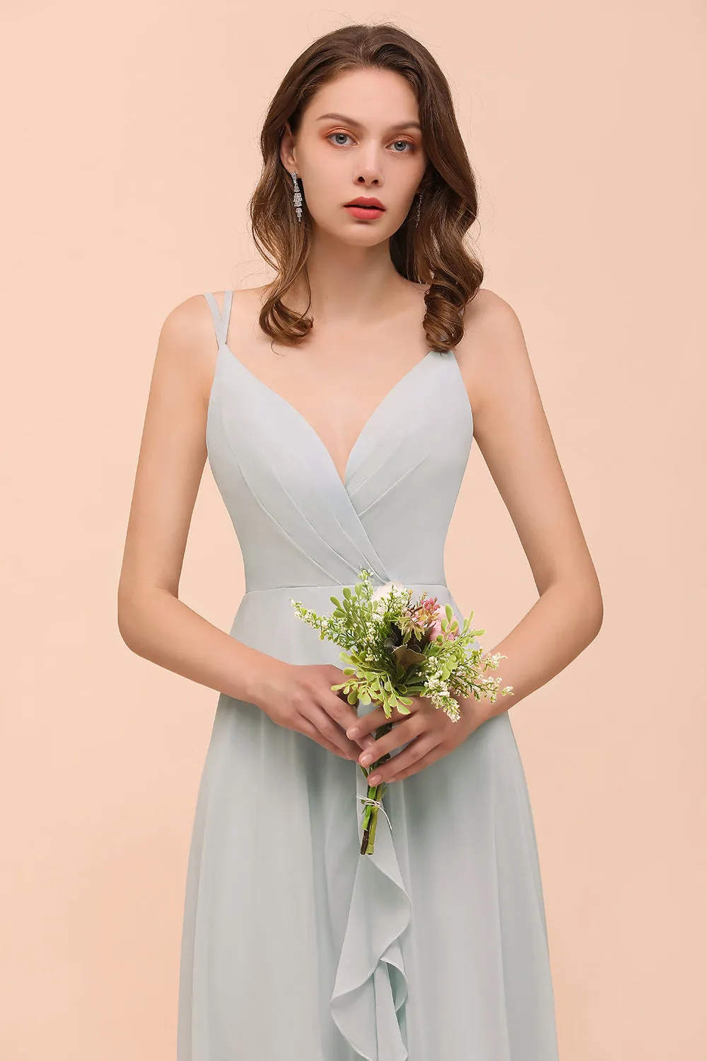 Affordable High Low A-line V-neck Chiffon Bridesmaid Dress