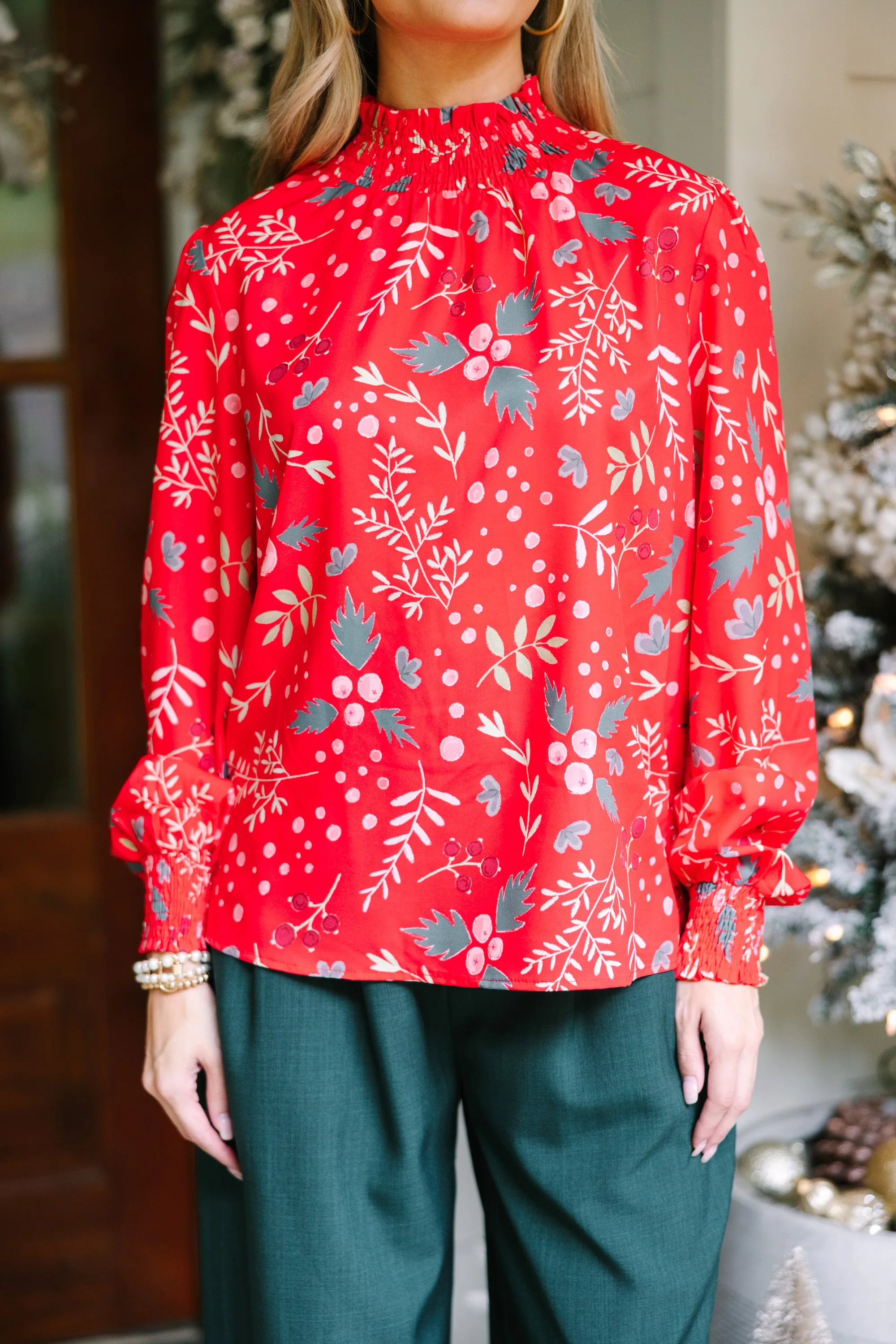 All I Need Red Holiday Floral Blouse