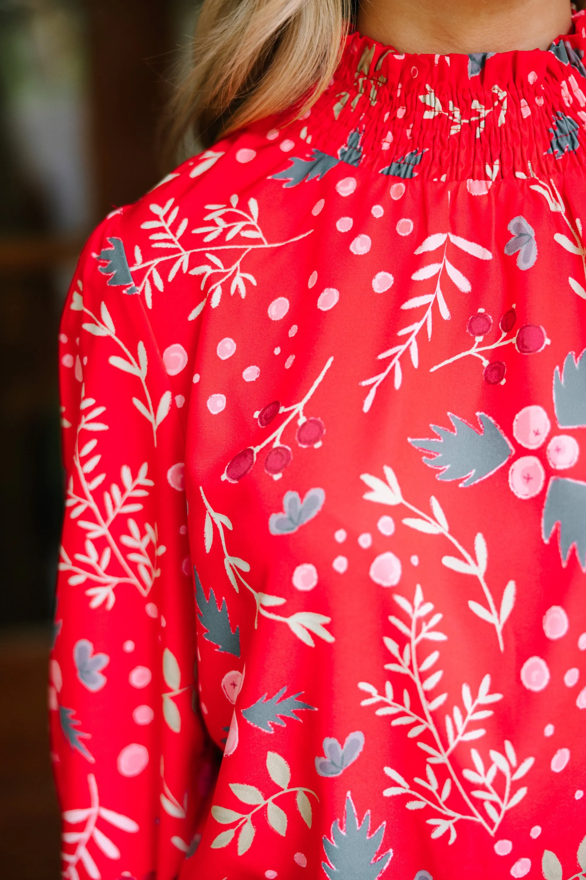 All I Need Red Holiday Floral Blouse